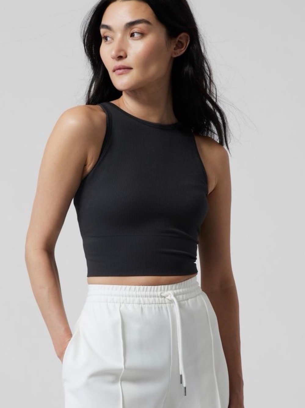 Athleta Black Aurora High Neck Crop Tank Camisole Ribbed longline Sports Bra